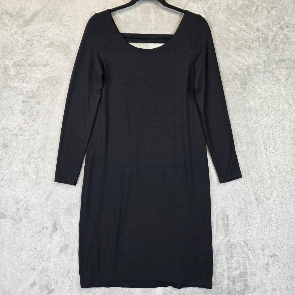 Eileen Fisher Dress Womens XS Black Long Sleeve Rayon Lycra Knit Midi Minimalist